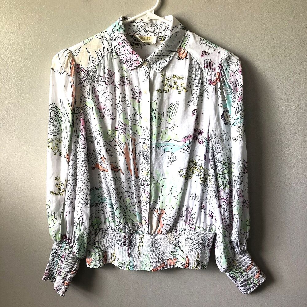Maeve Anthropologie Blouse Womens XS Rosa Paint By Number Art To Wear Nature